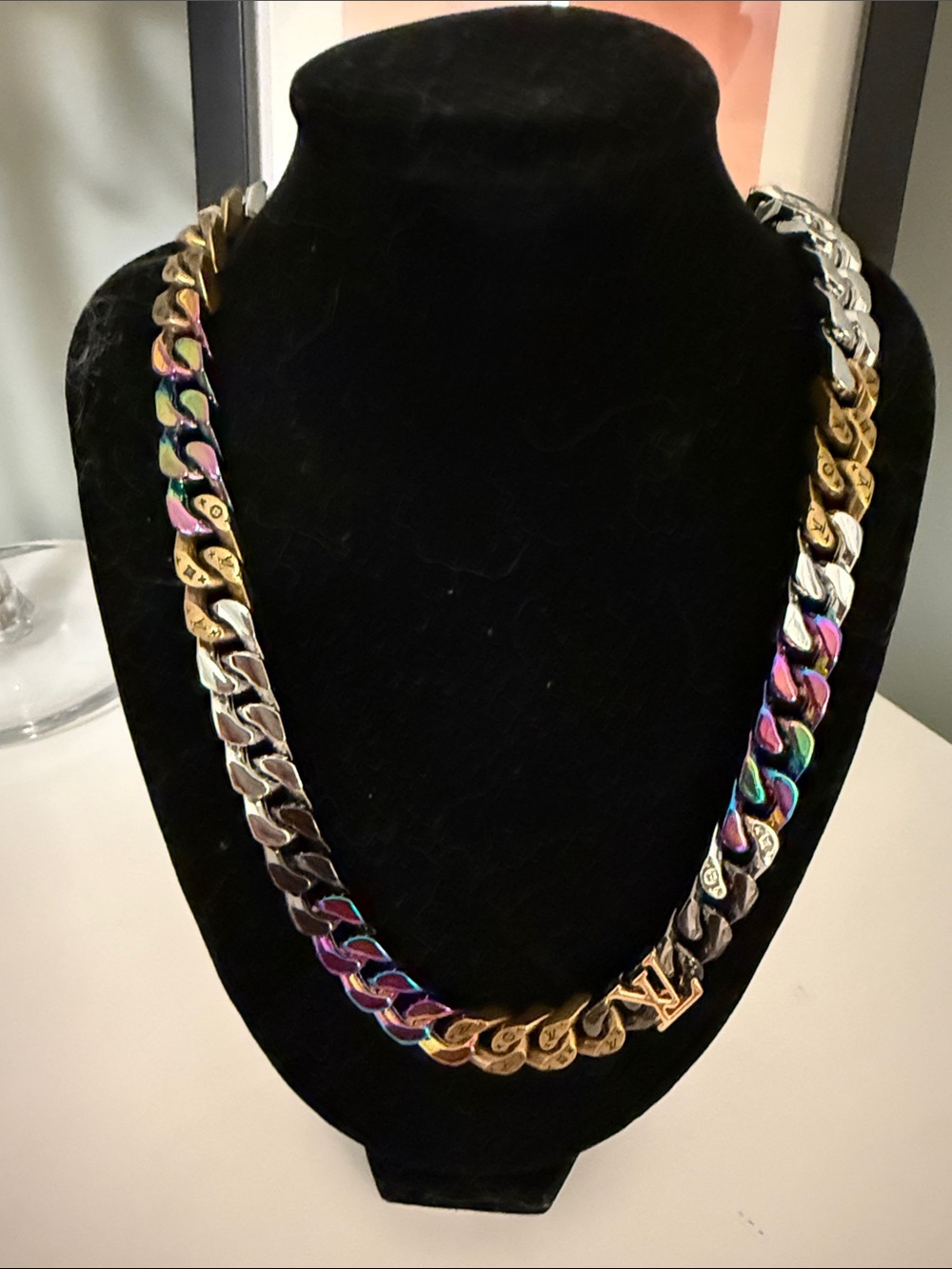 Louis Vuitton Multicolor Iridescent & Gold Cuban Link Necklace